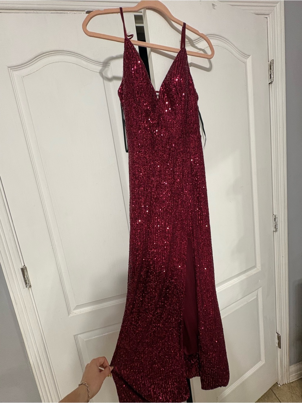 Sparkling Burgundy Sequin V-Neck Spaghetti Strap Prom Dress
